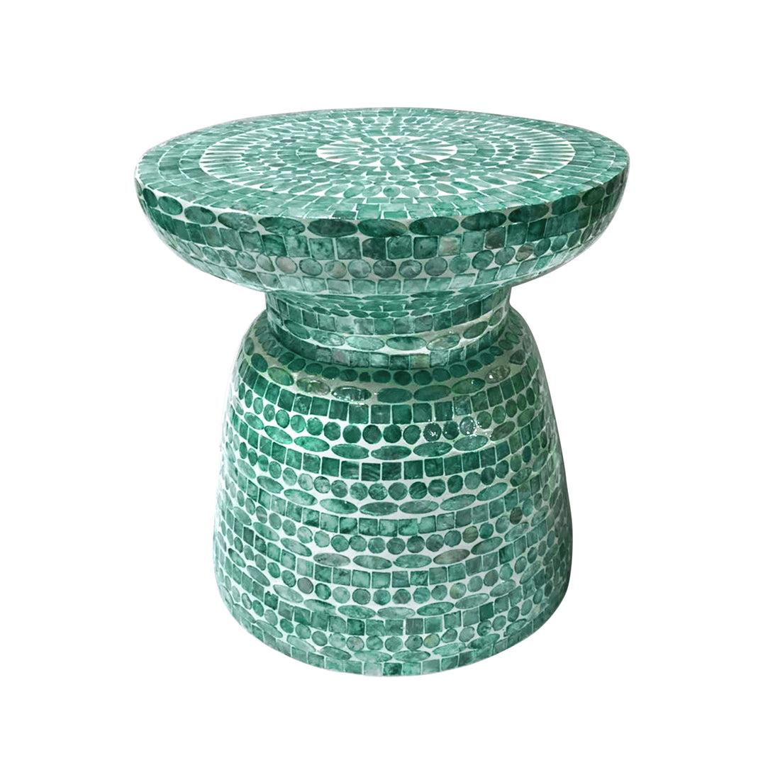Luna 38cm Mother of Pearl Inlay Coffee Table - Jade Green, featuring a handcrafted mosaic design that blends modern and timeless aesthetics, showcased on a white background for visual emphasis.