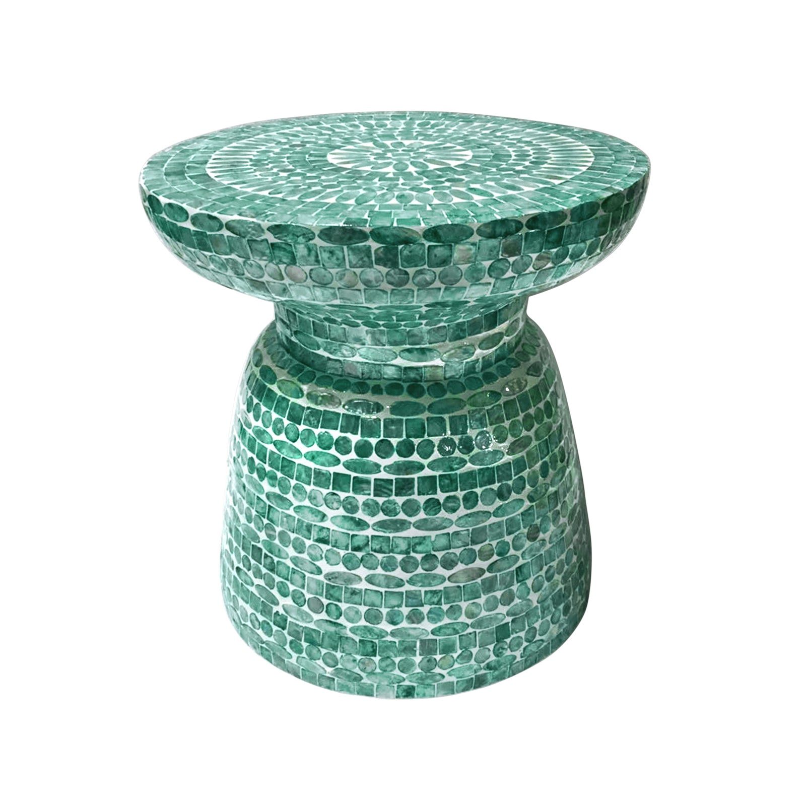 Luna 38cm Mother of Pearl Inlay Coffee Table - Jade Green, featuring a handcrafted mosaic design that blends modern and timeless aesthetics, showcased on a white background for visual emphasis.