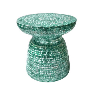 Luna 38cm Mother of Pearl Inlay Coffee Table - Jade Green, featuring a handcrafted mosaic design that blends modern and timeless aesthetics, showcased on a white background for visual emphasis.