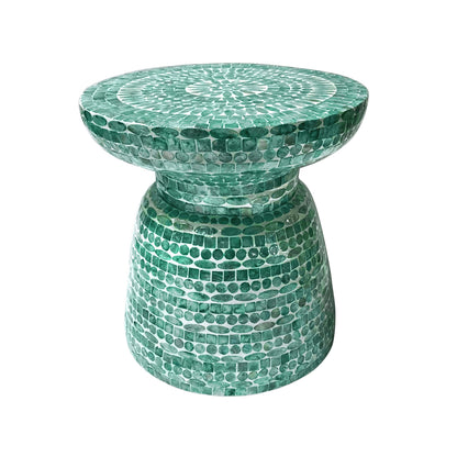 Luna 38cm Mother of Pearl Inlay Coffee Table - Jade Green, featuring a handcrafted mosaic design that blends modern and timeless aesthetics, showcased on a white background for visual emphasis.