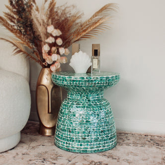 Luna 38cm Mother of Pearl Inlay Coffee Table in Jade Green, showcasing its intricate mosaic design and round shape, capturing the elegance and artisanal craftsmanship of this luxurious piece.