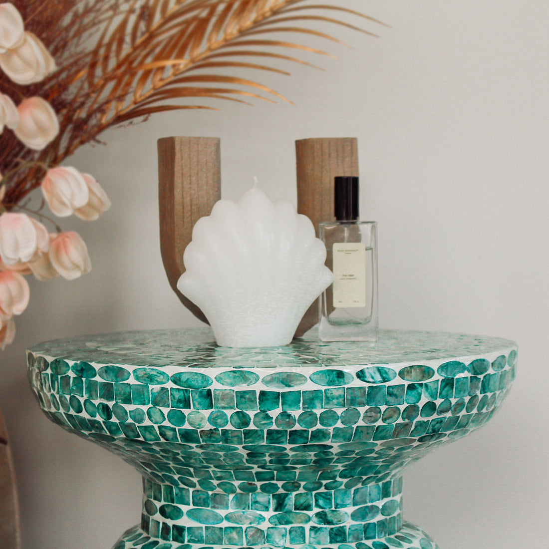 Luna 38cm Mother of Pearl Inlay Coffee Table in Jade Green, featuring intricate mother-of-pearl mosaic, elegant floral ceramic design, and a sleek black tube base, perfect for indoor decor.