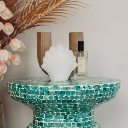 Luna 38cm Mother of Pearl Inlay Coffee Table in Jade Green, featuring intricate mother-of-pearl mosaic, elegant floral ceramic design, and a sleek black tube base, perfect for indoor decor.