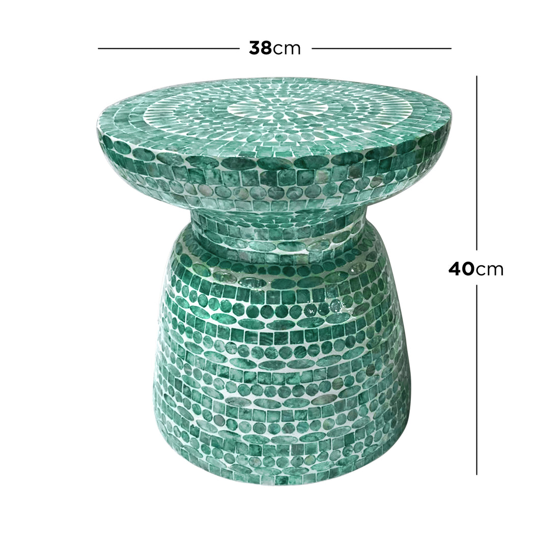 Luna 38cm Mother of Pearl Inlay Coffee Table in Jade Green, featuring a shimmering mosaic design, handcrafted with ethically sourced mother-of-pearl, showcasing intricate craftsmanship and modern elegance.