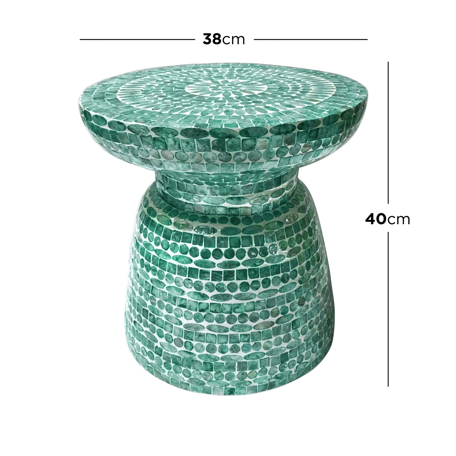 Luna 38cm Mother of Pearl Inlay Coffee Table in Jade Green, featuring a shimmering mosaic design, handcrafted with ethically sourced mother-of-pearl, showcasing intricate craftsmanship and modern elegance.