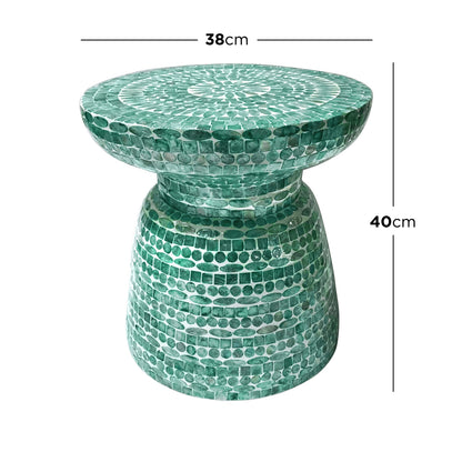 Luna 38cm Mother of Pearl Inlay Coffee Table in Jade Green, featuring a shimmering mosaic design, handcrafted with ethically sourced mother-of-pearl, showcasing intricate craftsmanship and modern elegance.