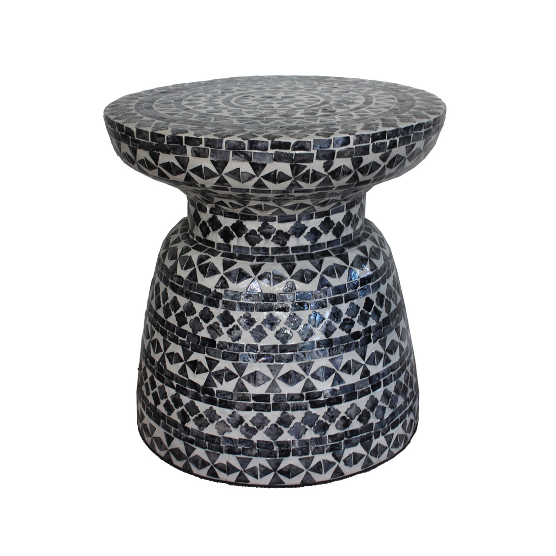 Luna 38cm Mother of Pearl Inlay Coffee Table, showcasing intricate mother-of-pearl mosaic detailing on its surface, highlighting its sleek, circular design and sophisticated craftsmanship.