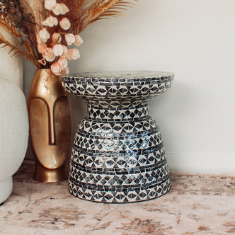 Luna 38cm Mother of Pearl Inlay Coffee Table Navy, showcasing intricate hand-crafted mosaic patterns, sits elegantly with a pearlescent surface, emphasizing its unique charm and sophistication in a modern setting.