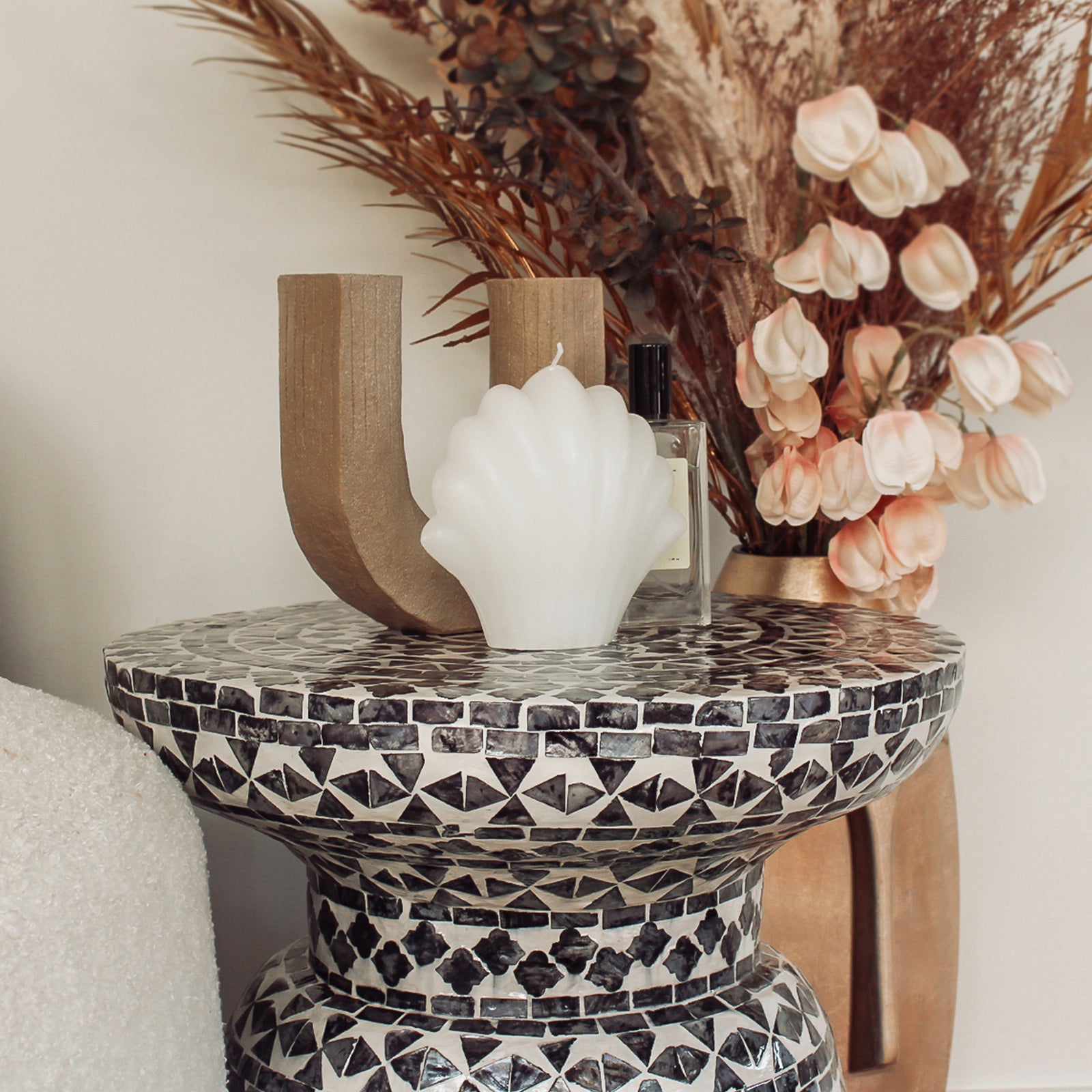 Luna 38cm Mother of Pearl Inlay Coffee Table features a close-up of its intricate, handmade mosaic inlay design, showcasing its elegant craftsmanship and delicate floral pattern, perfect for enhancing any room's decor.