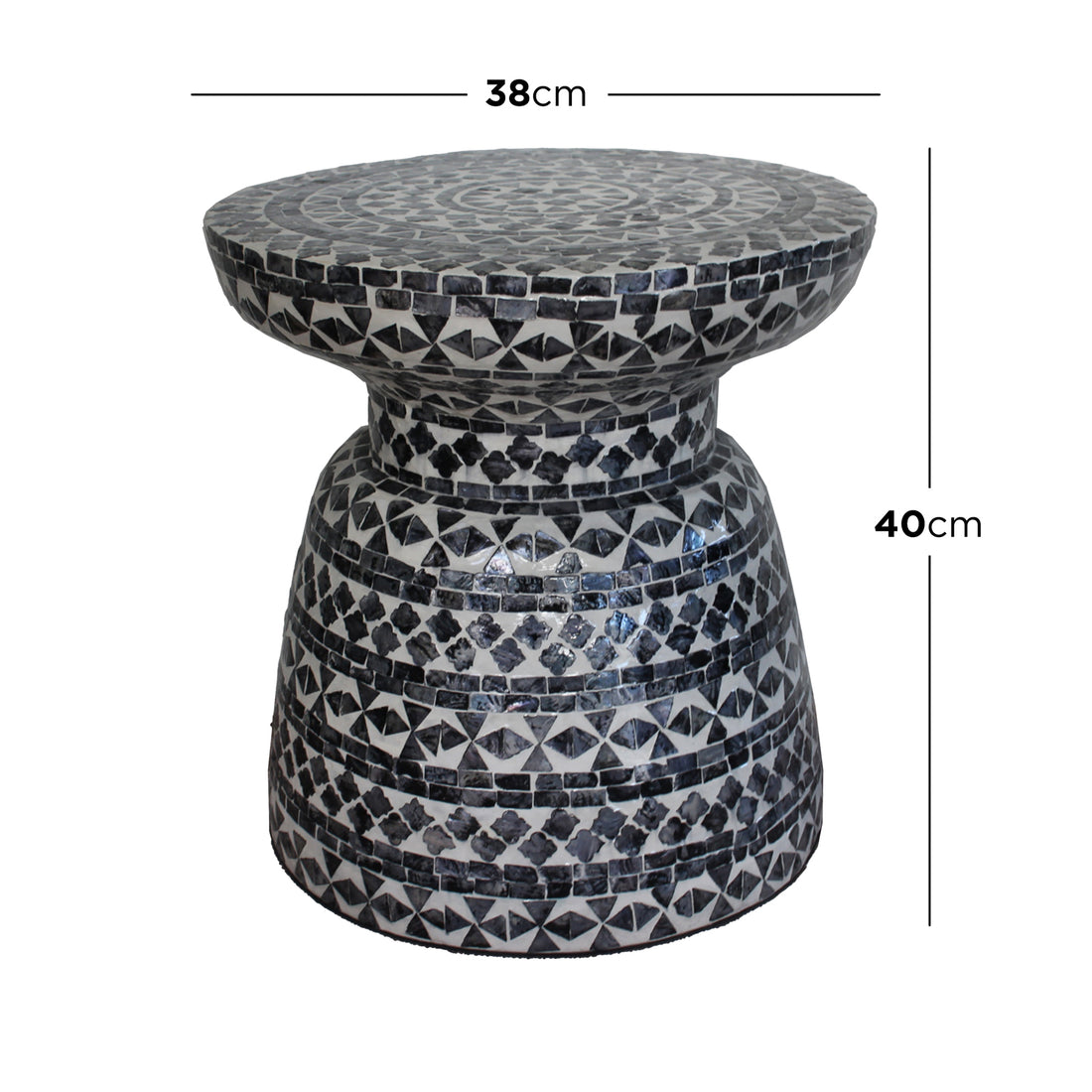 Luna 38cm Mother of Pearl Inlay Coffee Table Navy, featuring a black and white mosaic design, elegantly crafted with intricate patterns, offering a sophisticated accent for contemporary interiors.