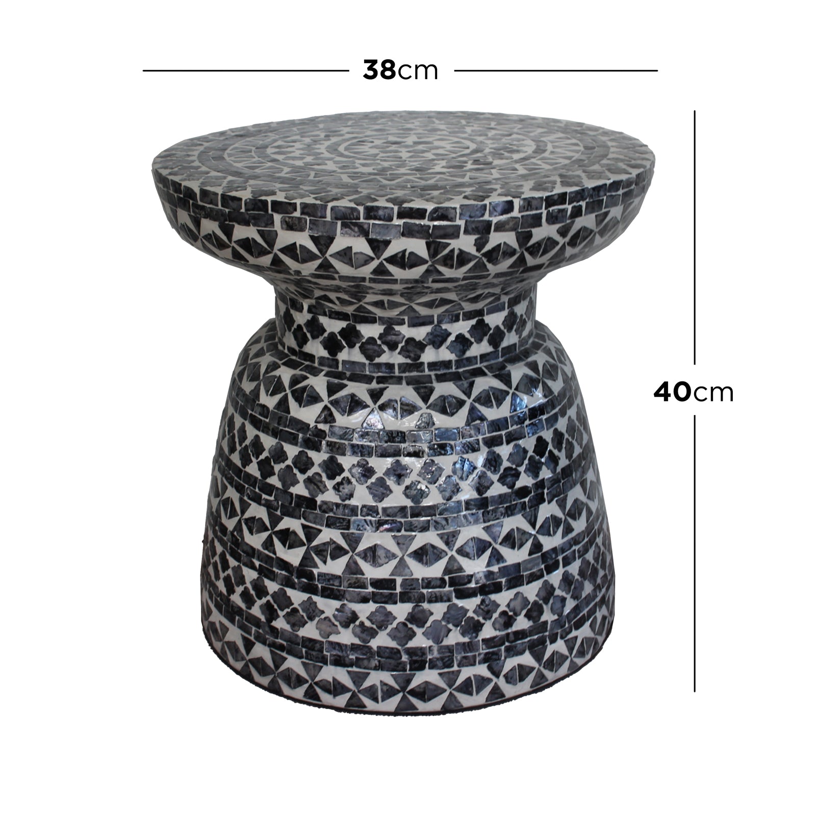Luna 38cm Mother of Pearl Inlay Coffee Table Navy, featuring a black and white mosaic design, elegantly crafted with intricate patterns, offering a sophisticated accent for contemporary interiors.