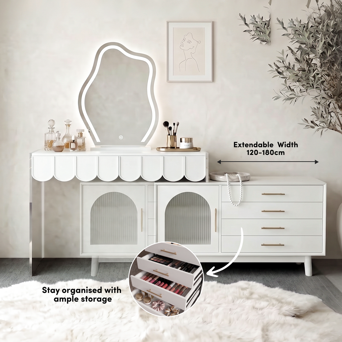 Lunara Extendable Dressing Table with LED Mirror in White