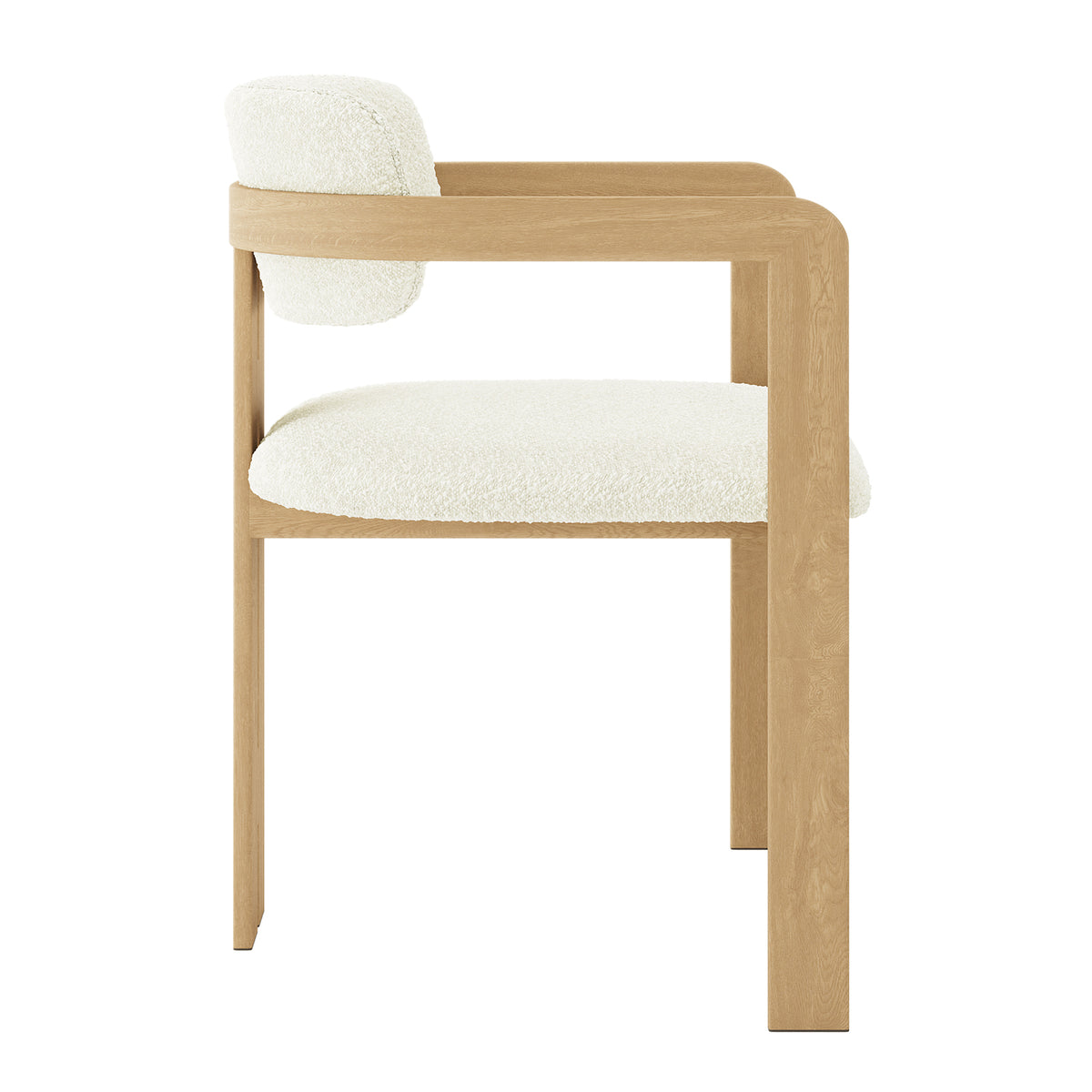 Close-up of the Maddi Boucle Hardwood Dining Chair Cream White, showcasing its curved backrest, thick cushioned seat, and elegant minimalist design with a solid American wood frame for durability.
