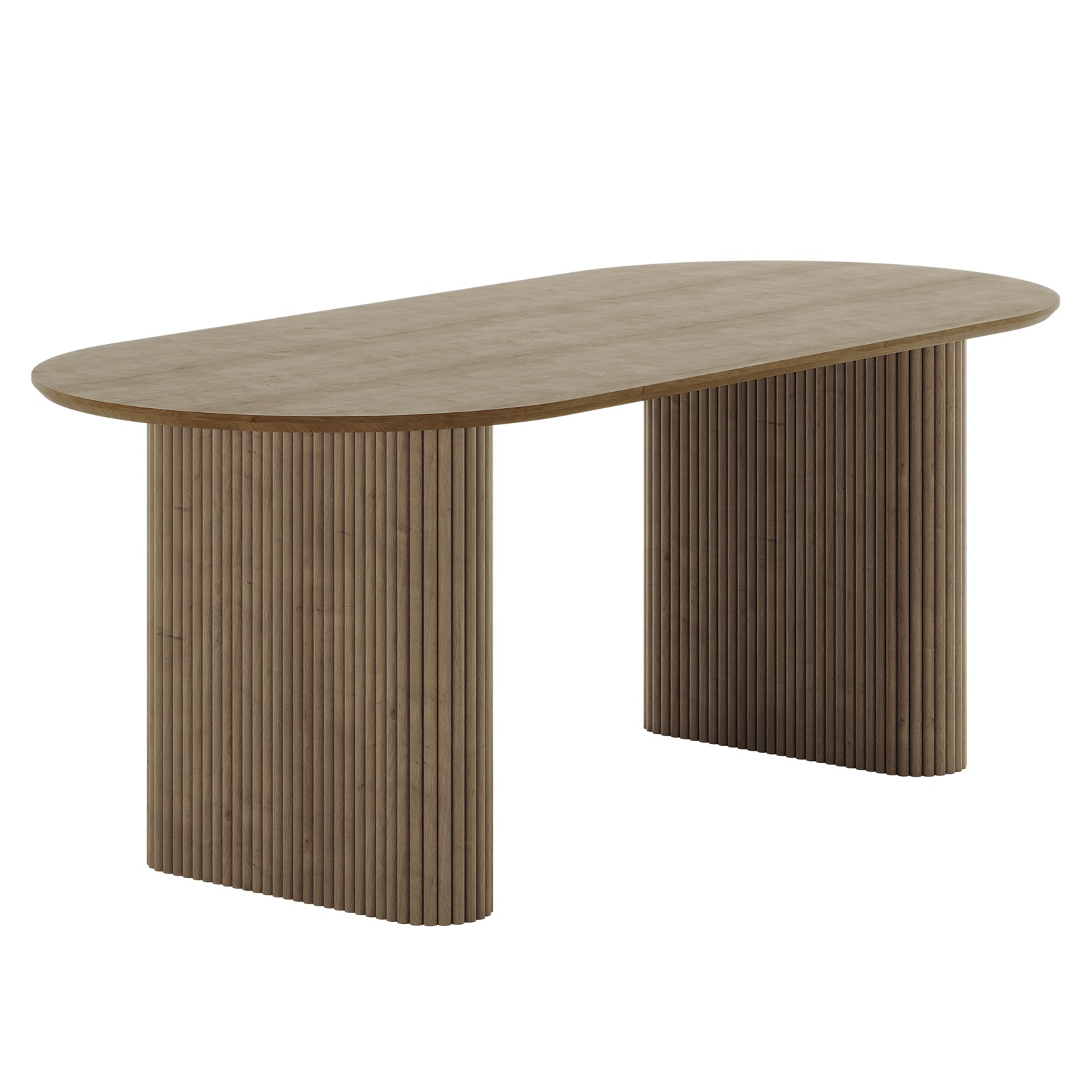 Marciana 8 Seater Fluted Oval Dining Table with warm wood finish, featuring an elongated oval top and ribbed, semi-cylindrical pedestal bases, offering a modern, sculptural touch to any dining area.
