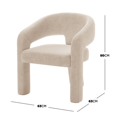 Mariah Velvet Upholstered Accent Chair - Beige, featuring a curved back with rounded armrests and thick cylindrical legs, measuring 80 cm tall, 63 cm deep, and 63 cm wide.