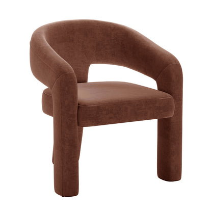 Mariah Velvet Upholstered Accent Chair - Mocha Mousse features a modern barrel design with a curved back, rounded armrests, thick seat cushion, and tubular legs, all seamlessly upholstered in warm brown fabric.