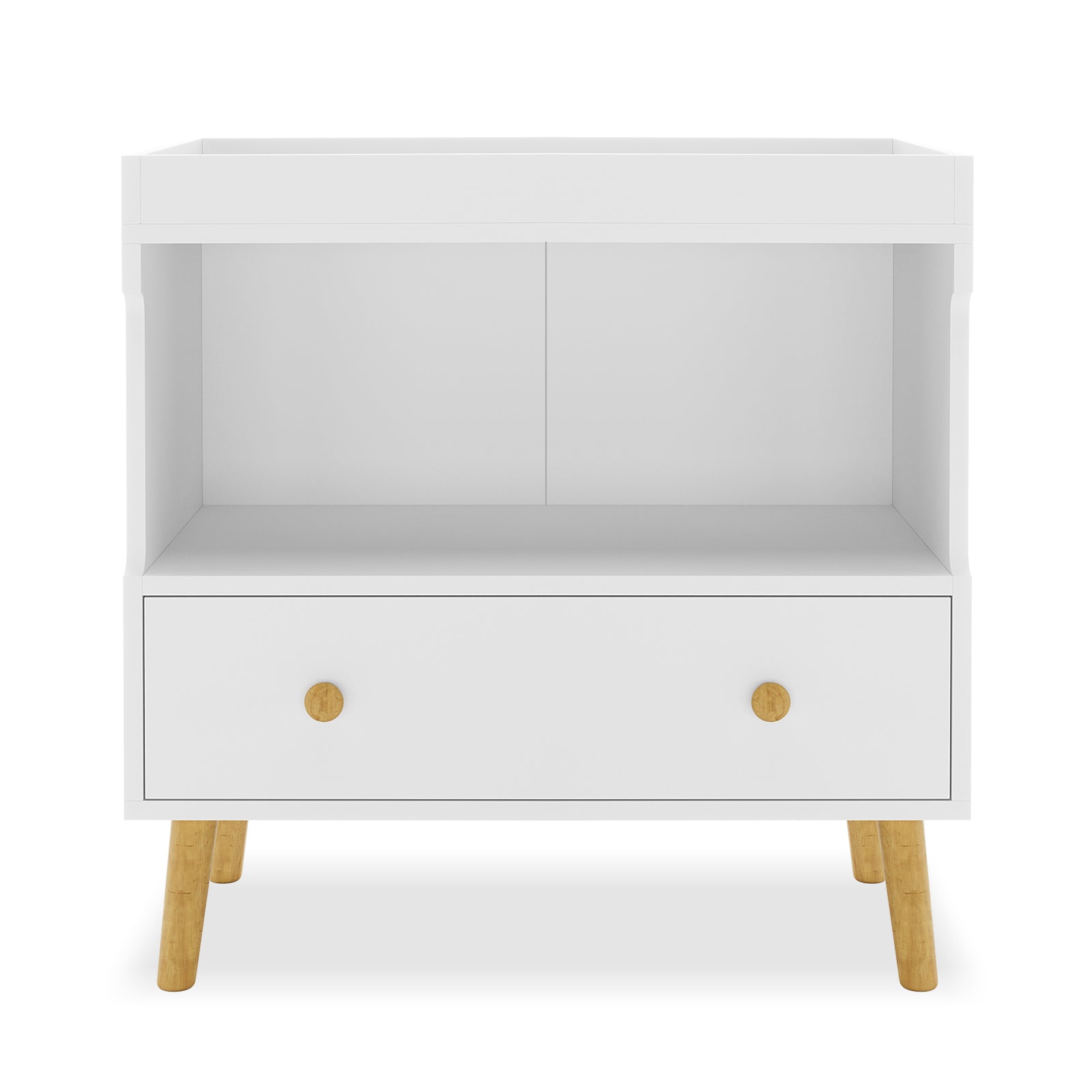 Mariella Solid Pine Baby Change Table with Storage Drawer & Shelf features a close-up of a sturdy white box design and wooden legs, highlighting its functional and stylish nursery-friendly structure.