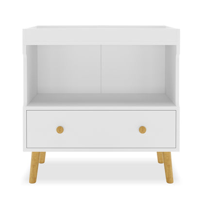 Mariella Solid Pine Baby Change Table with Storage Drawer & Shelf features a close-up of a sturdy white box design and wooden legs, highlighting its functional and stylish nursery-friendly structure.