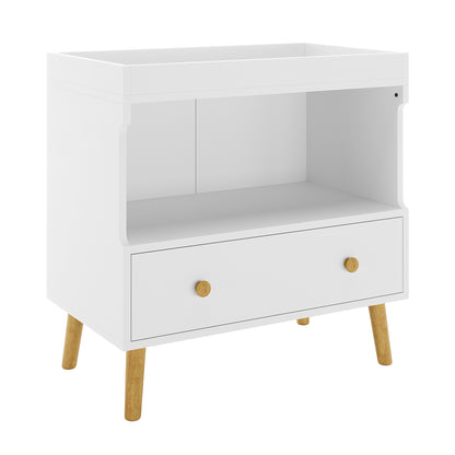 Mariella Solid Pine Baby Change Table with Storage Drawer & Shelf – White; features a close-up of a white drawer with a wooden handle, highlighting its functional design and elegant craftsmanship.