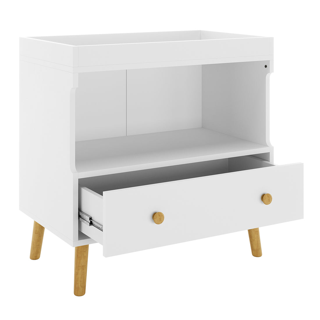 Mariella Solid Pine Baby Change Table with Storage Drawer & Shelf – White features a white dresser with a wooden handle and a sturdy, modern design, ideal for organized, efficient nursery care.