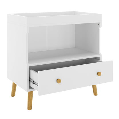 Mariella Solid Pine Baby Change Table with Storage Drawer & Shelf – White features a white dresser with a wooden handle and a sturdy, modern design, ideal for organized, efficient nursery care.