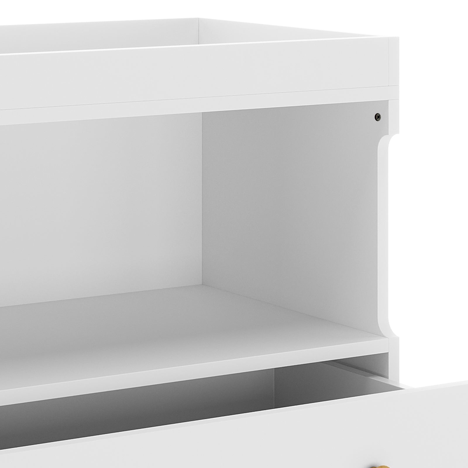 Mariella Solid Pine Baby Change Table with Storage Drawer & Shelf – White, featuring a spacious drawer and open shelf for practical nursery storage, showcasing a sleek, modern design with a white finish.