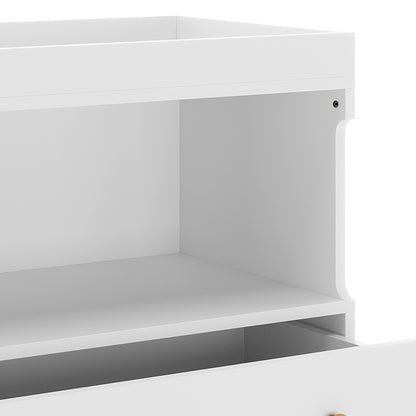 Mariella Solid Pine Baby Change Table with Storage Drawer & Shelf – White, featuring a spacious drawer and open shelf for practical nursery storage, showcasing a sleek, modern design with a white finish.