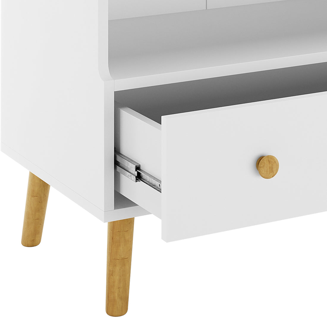 Mariella Solid Pine Baby Change Table with Storage Drawer & Shelf – White, showcasing a sturdy white drawer with a round knob and a carved wooden object detail, blending style with functionality.