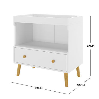 Mariella Solid Pine Baby Change Table with Storage Drawer & Shelf – White, featuring a compact, sturdy design with a spacious drawer and open shelf, perfect for organizing nursery essentials.