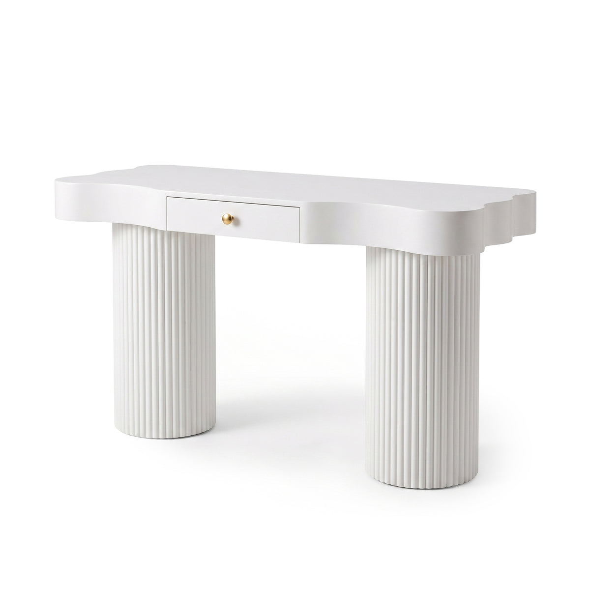 Stylish white console or vanity table with wavy edges, central drawer, and fluted column legs on a white background