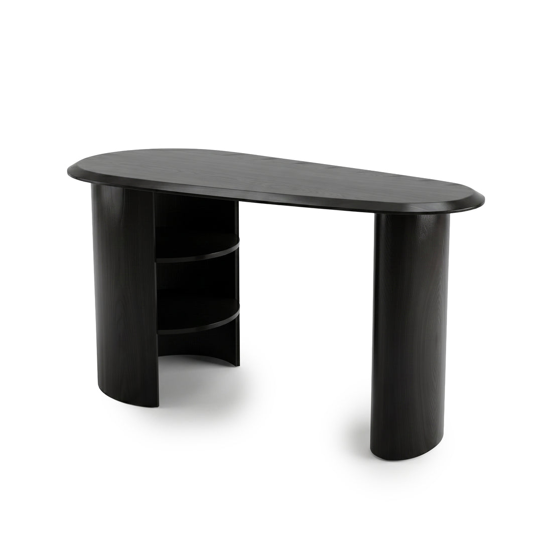 Modern black desk with asymmetrical tabletop and rounded legs on a white background