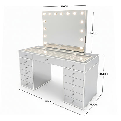 Monroe 13 Drawer Mirror Finish Hollywood LED Dressing Table features a large mirror with 12 bulbs, glass tabletop with storage, two pedestals with drawers, and a sleek, glossy finish.
