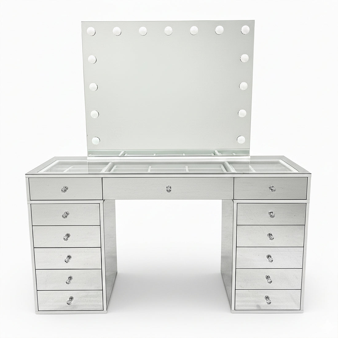 Monroe 13 Drawer Mirror Finish Hollywood LED Dressing Table featuring a large mirror with vanity lights, mirrored drawers, and a glass-topped center with dividers, creating a luxurious and organized vanity setup.