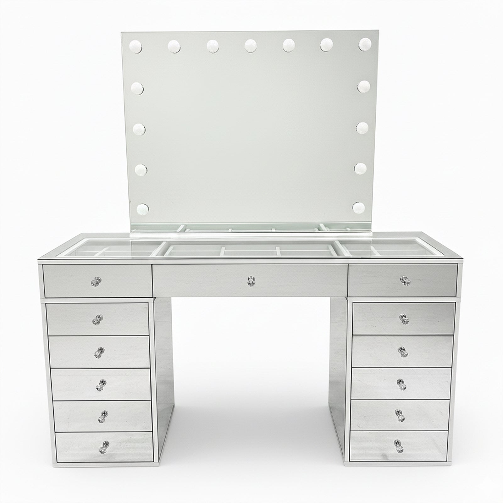 Monroe 13 Drawer Mirror Finish Hollywood LED Dressing Table featuring a large mirror with vanity lights, mirrored drawers, and a glass-topped center with dividers, creating a luxurious and organized vanity setup.