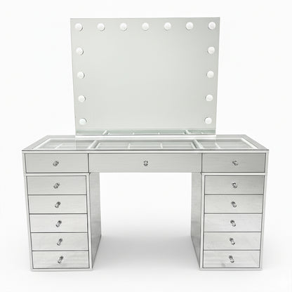 Monroe 13 Drawer Mirror Finish Hollywood LED Dressing Table featuring a large mirror with vanity lights, mirrored drawers, and a glass-topped center with dividers, creating a luxurious and organized vanity setup.