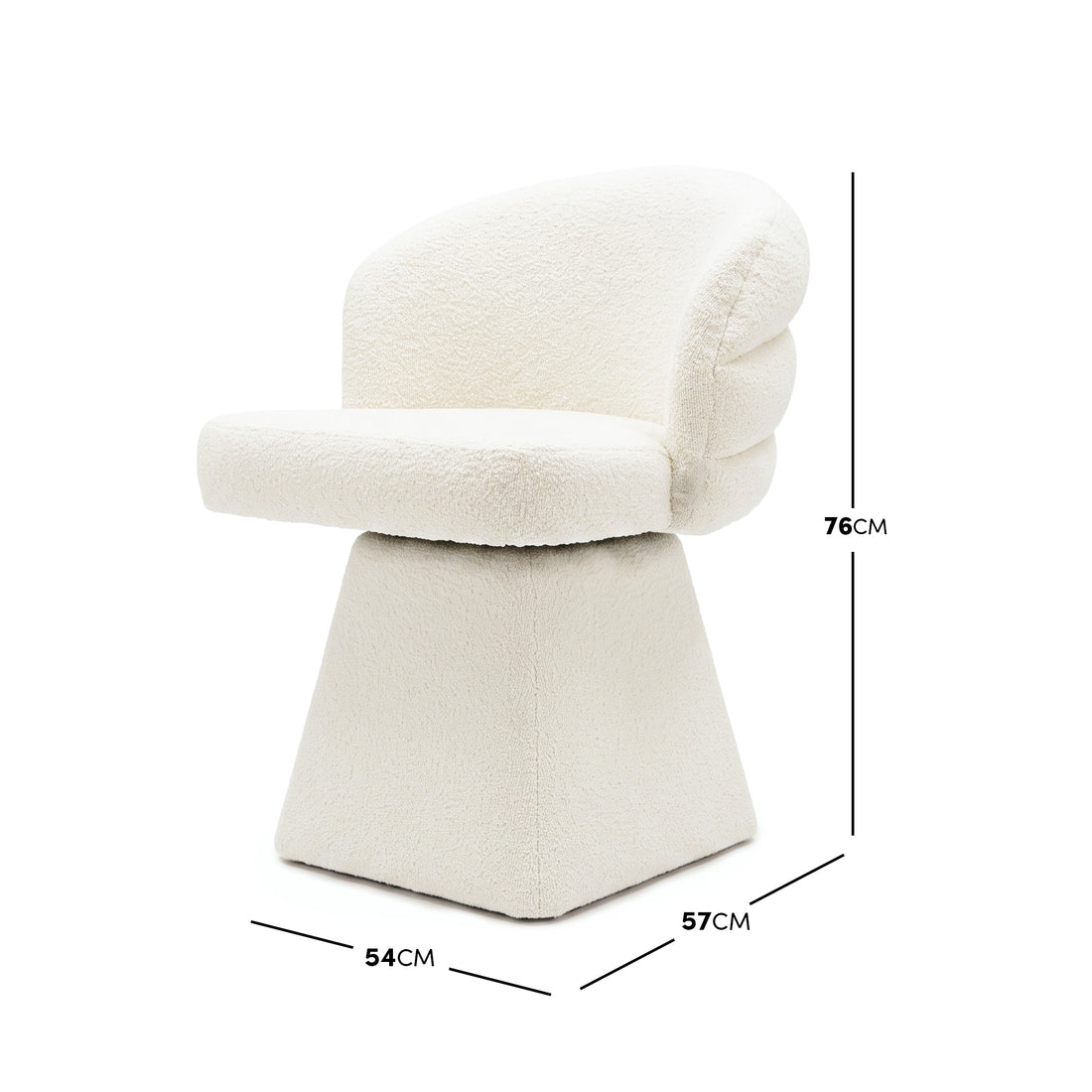Modern off-white upholstered accent chair shown on a white background with dimension measurements labeled.