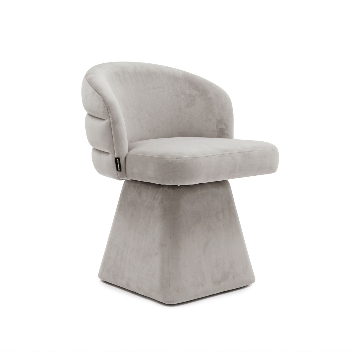 Grey swivel dining chair featuring a curved channeled backrest and a solid pedestal base.   