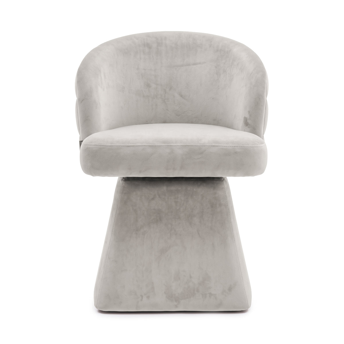 Front view of the grey swivel dining chair featuring a curved backrest and a solid pedestal base.   
