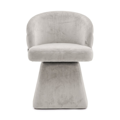 Front view of the grey swivel dining chair featuring a curved backrest and a solid pedestal base.   