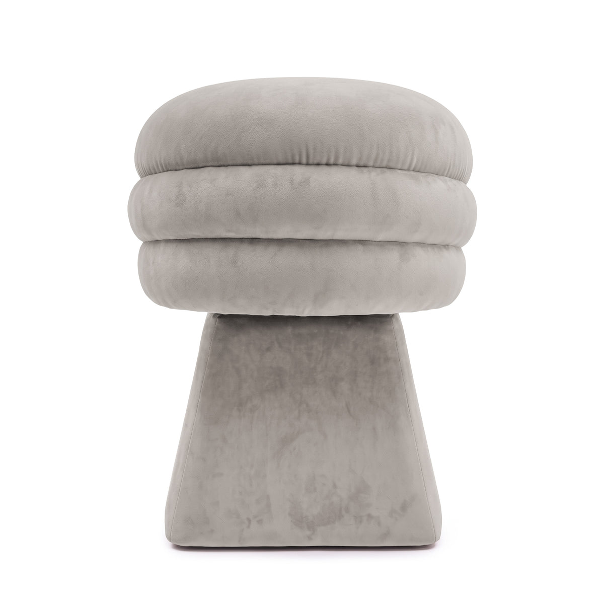 Back view of the grey swivel dining chair showing its horizontal tiered channeled detailing.   