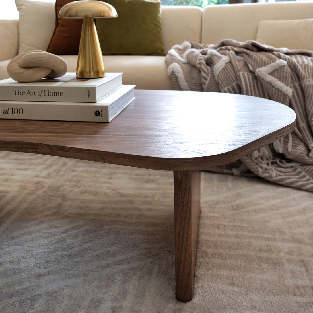 Nicole 120cm Coffee Table with Organic Curve in Walnut showcases a smooth, oval shape and rich finish, accompanied by books, a wooden knot, and a brass lamp, enhancing the living room's contemporary aesthetic.