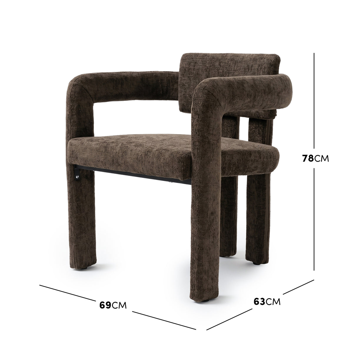 Modern brown chair on white background with dimensions labeled 63 cm by 69 cm by 78 cm