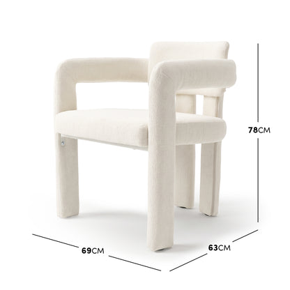 Cream upholstered chair with dimension markings on a white background