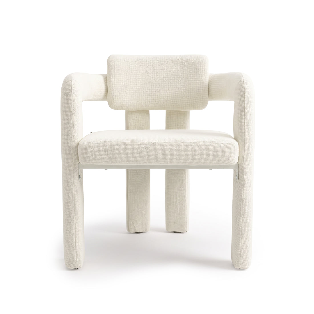 Front view of an off-white upholstered chair on a white background