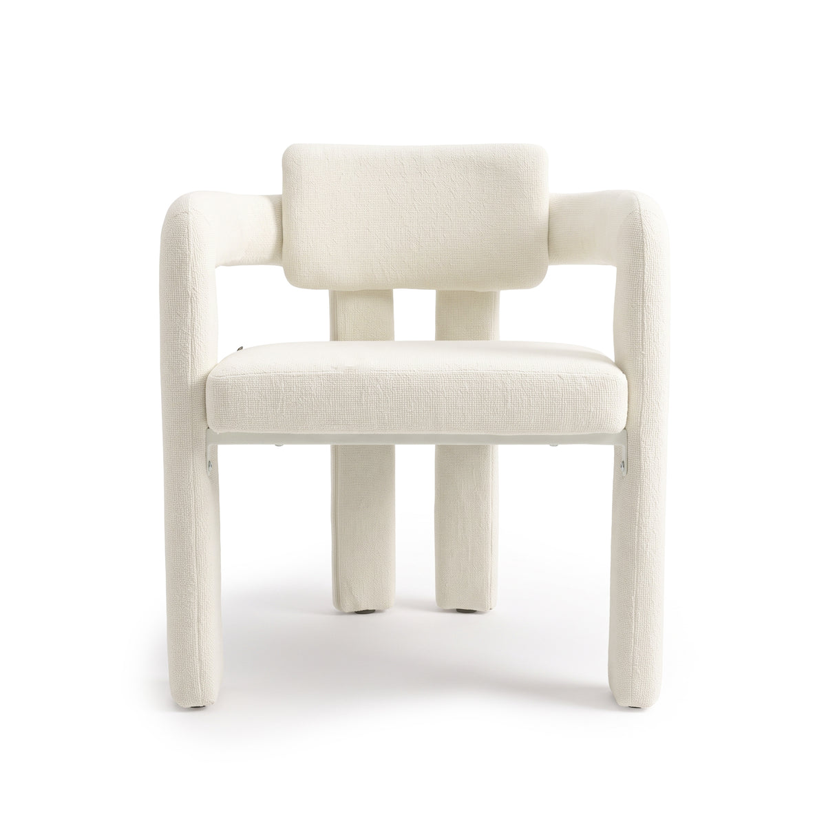 Front view of an off-white upholstered chair on a white background