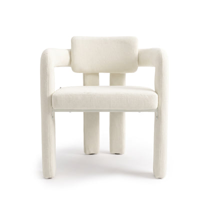 Front view of an off-white upholstered chair on a white background