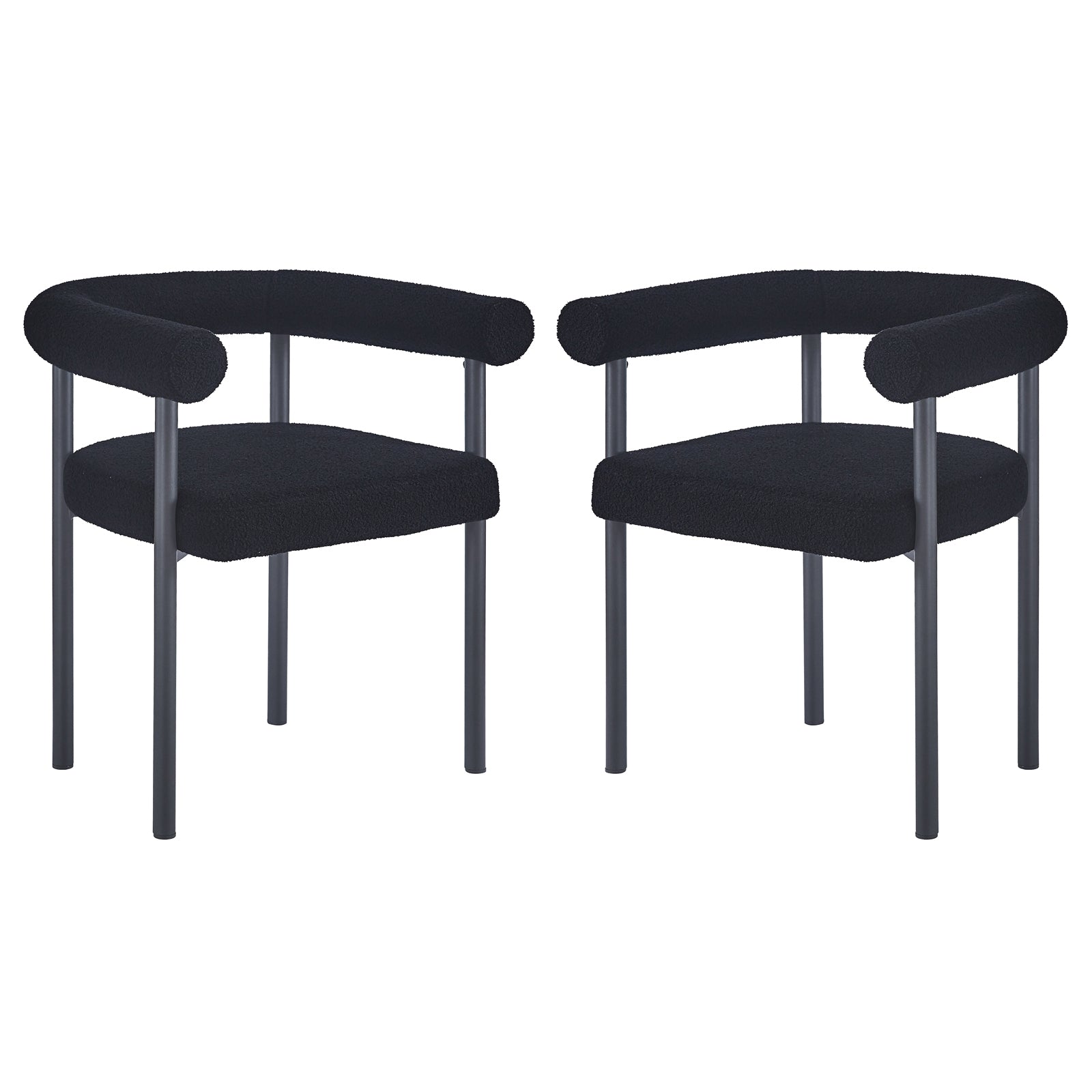 Ohio Curved Boucle Dining Chair Set of 2 in Black features low, rounded backrests and tubular armrests upholstered in black bouclé fabric, supported by sleek black metal legs for a modern look.
