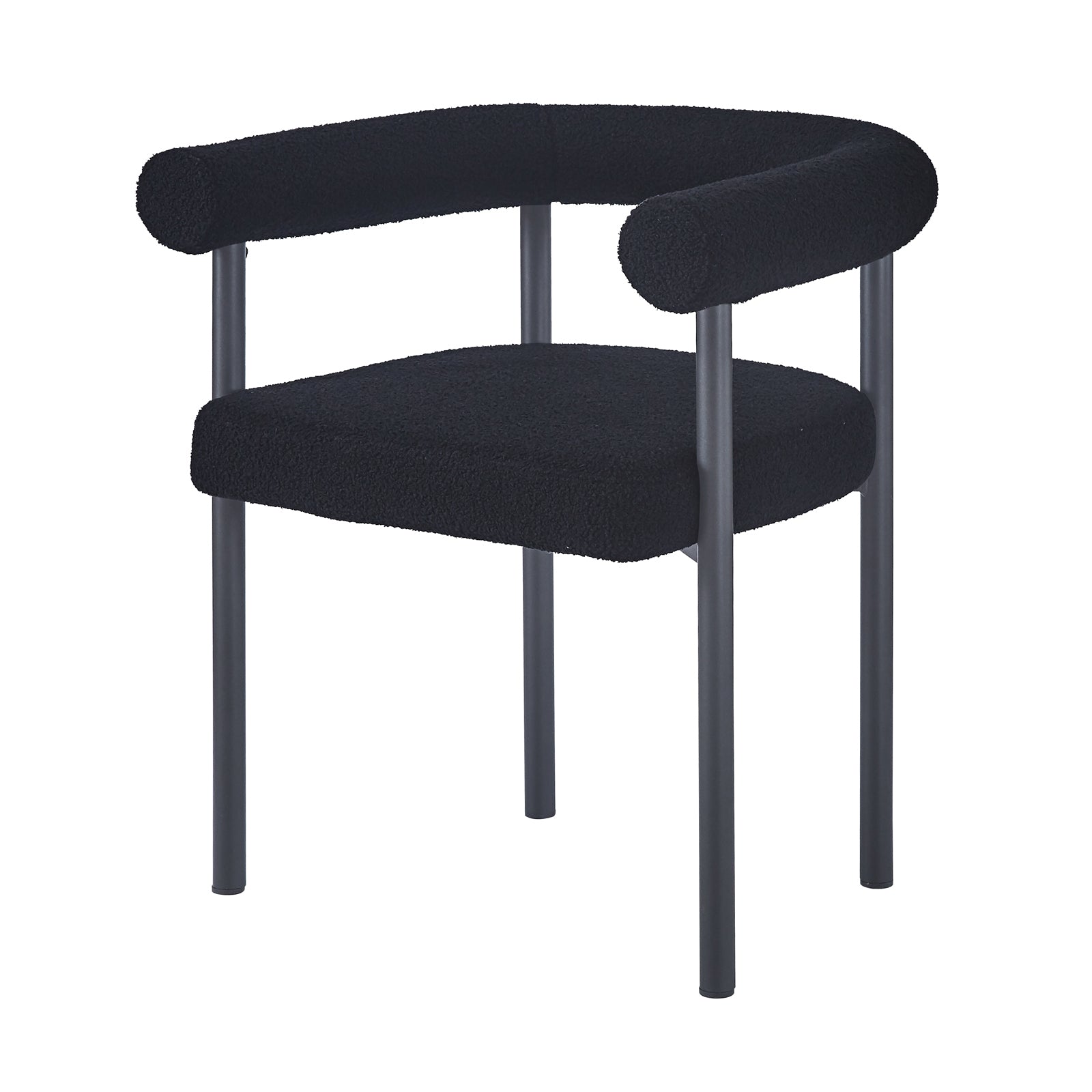 Ohio Curved Boucle Dining Chair Set of 2 in Black, featuring a sleek tubular metal frame and plush black boucle upholstery, with a continuous curved back and armrests for a minimalist look.