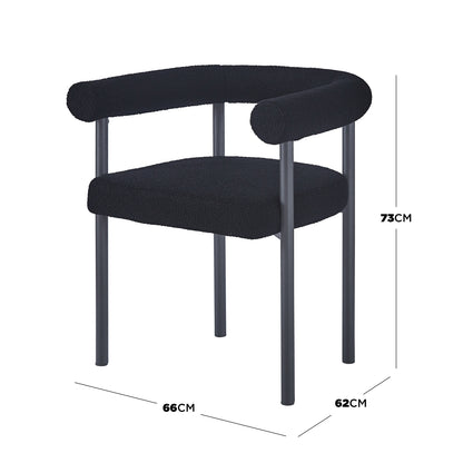 Ohio Curved Boucle Dining Chair Set of 2 in Black, featuring plush black boucle upholstery, curved backrest, low U-shaped armrests, and sleek tubular metal legs, perfect for modern dining spaces.