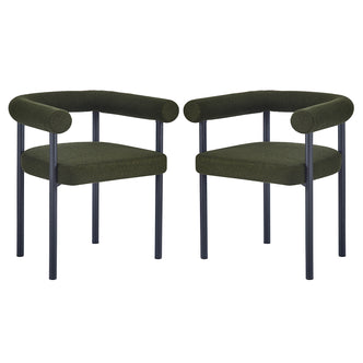 Ohio Curved Bouclé Dining Chair Set of 2 in Green; features rounded tubular backrest and armrest in deep olive-green bouclé with matching square seat cushion and sleek black metal legs.